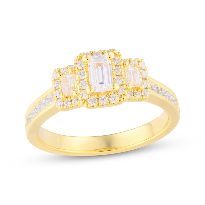Main Image 1 of Adore Emerald-Cut Diamond Three-Stone Halo Engagement Ring 1 ct tw 14K Yellow Gold