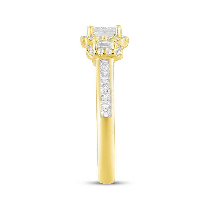 Main Image 2 of Adore Emerald-Cut Diamond Three-Stone Halo Engagement Ring 1 ct tw 14K Yellow Gold