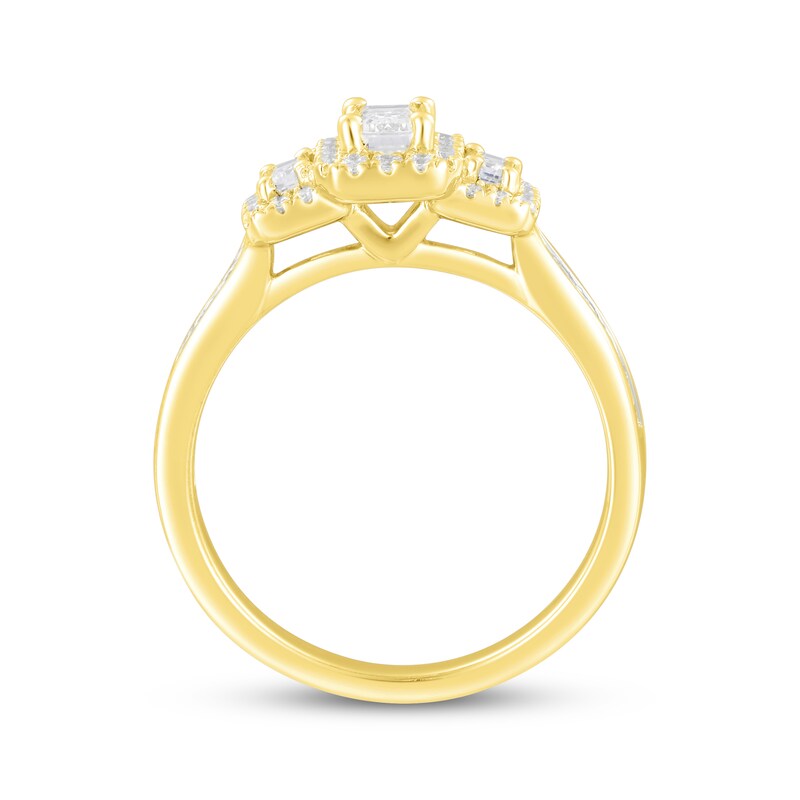 Main Image 3 of Adore Emerald-Cut Diamond Three-Stone Halo Engagement Ring 1 ct tw 14K Yellow Gold