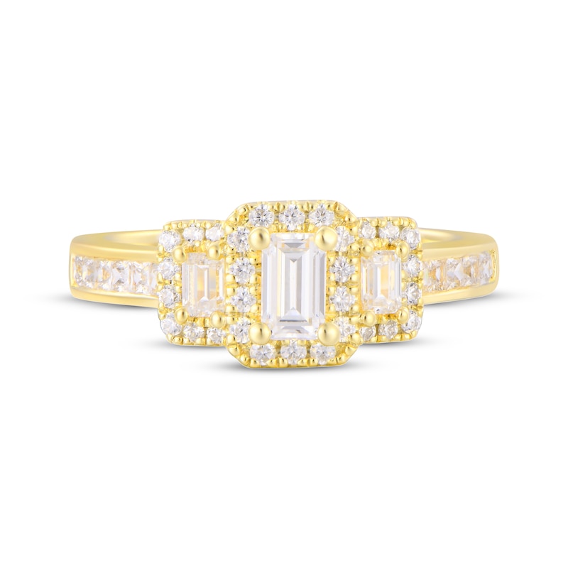 Main Image 4 of Adore Emerald-Cut Diamond Three-Stone Halo Engagement Ring 1 ct tw 14K Yellow Gold