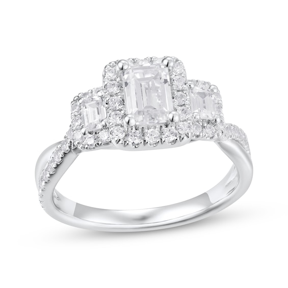 Adore Emerald-Cut Diamond Three-Stone Halo Engagement Ring 1-1/3 ct tw 18K White Gold