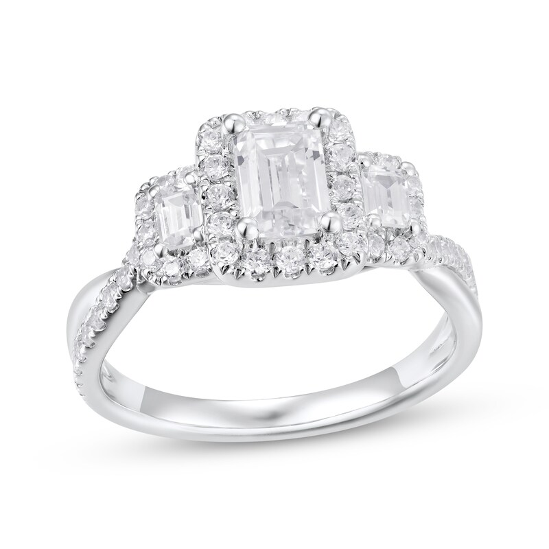 Main Image 1 of Adore Emerald-Cut Diamond Three-Stone Halo Engagement Ring 1-1/3 ct tw 18K White Gold