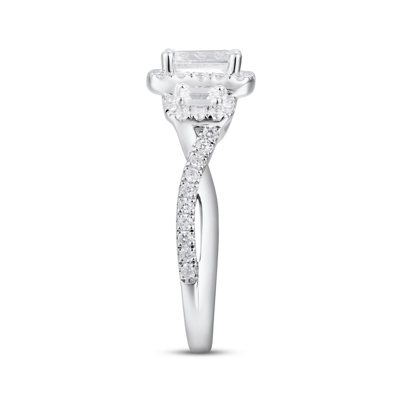 Main Image 2 of Adore Emerald-Cut Diamond Three-Stone Halo Engagement Ring 1-1/3 ct tw 18K White Gold