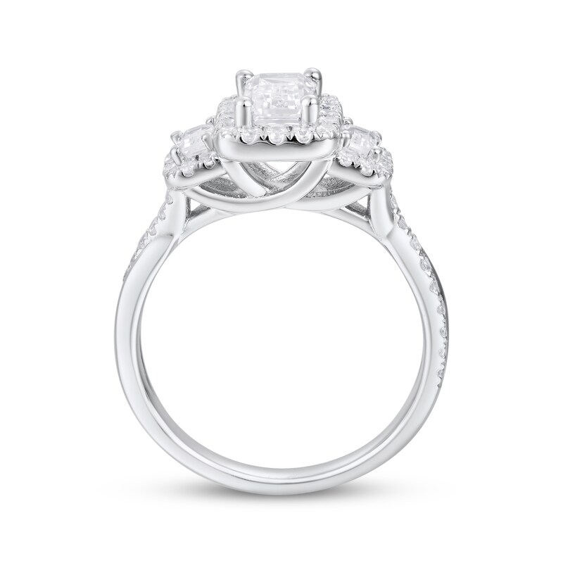 Main Image 3 of Adore Emerald-Cut Diamond Three-Stone Halo Engagement Ring 1-1/3 ct tw 18K White Gold
