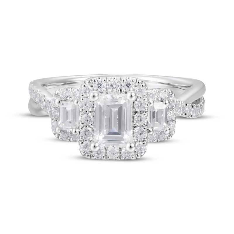 Main Image 4 of Adore Emerald-Cut Diamond Three-Stone Halo Engagement Ring 1-1/3 ct tw 18K White Gold