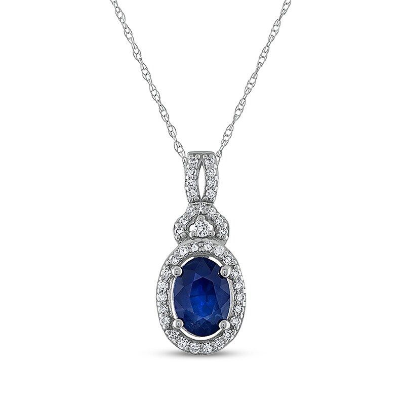 Main Image 1 of Oval-Cut Natural Blue Sapphire & Diamond Necklace 1/8 ct tw 14K White Gold 18"
