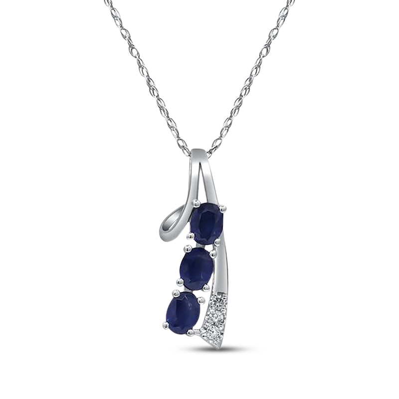 Main Image 1 of Oval-Cut Natural Blue Sapphire & Diamond Three-Stone Curve Necklace 1/20 ct tw 14K White Gold 18"