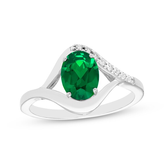 Oval-Cut Lab-Created Emerald & White Lab-Created Sapphire Ring Sterling Silver