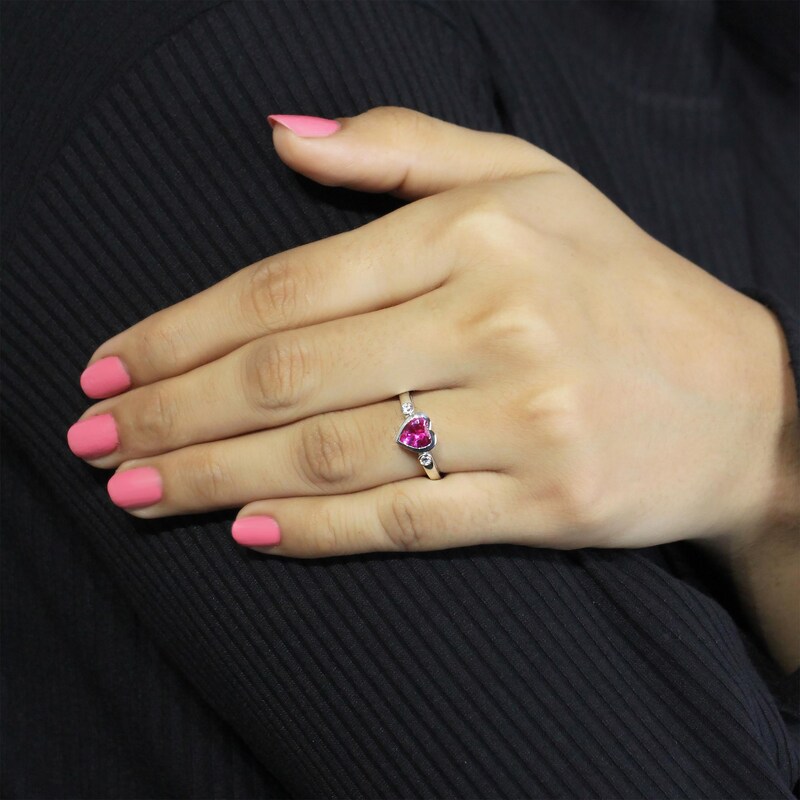 Main Image 3 of Heart-Shaped Pink Lab-Created Sapphire & White Lab-Created Sapphire Ring Sterling Silver