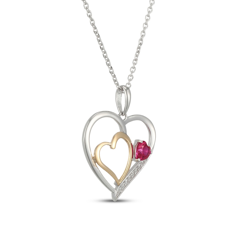 Main Image 2 of Heart-Shaped Lab-Created Ruby & White Lab-Created Sapphire Necklace Sterling Silver & 10K Yellow Gold
