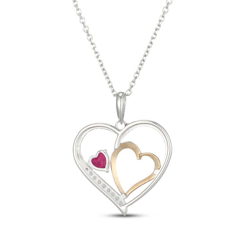 Main Image 3 of Heart-Shaped Lab-Created Ruby & White Lab-Created Sapphire Necklace Sterling Silver & 10K Yellow Gold