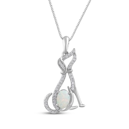 Oval-Cut Lab-Created Opal & White Lab-Created Sapphire Dog Necklace Sterling Silver 18"