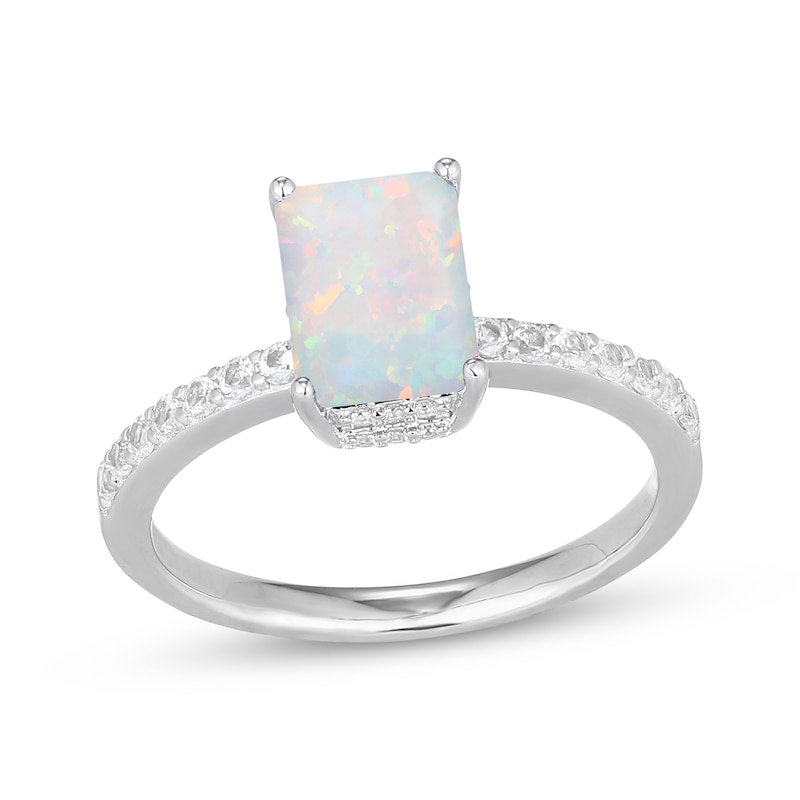 Main Image 1 of Emerald-Cut Lab-Created Opal & White Lab-Created Sapphire Hidden Halo Ring Sterling Silver