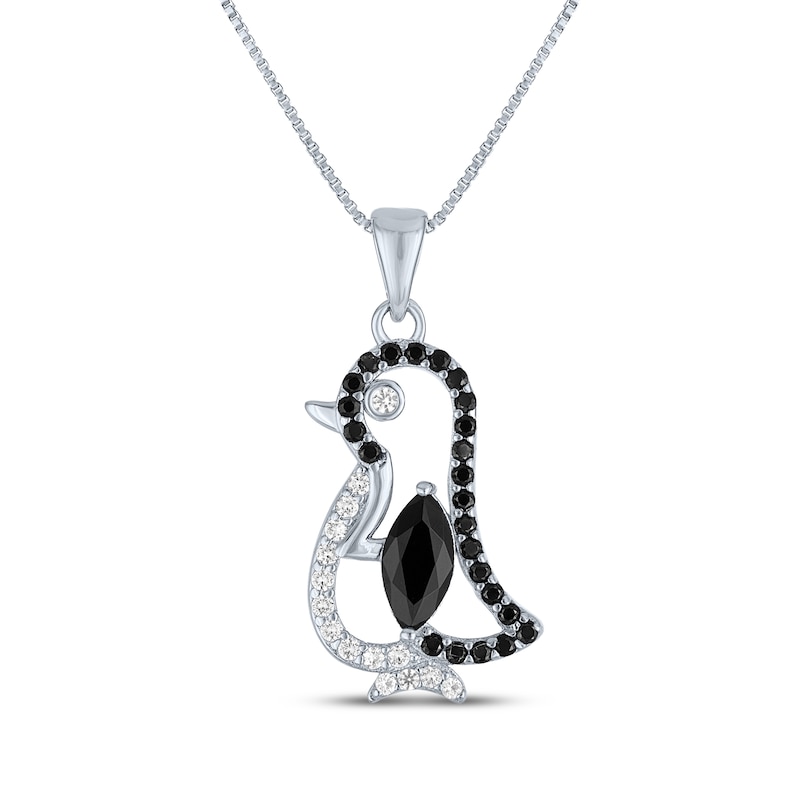 Main Image 1 of Black Onyx & White Lab-Created Sapphire Penguin Necklace Sterling Silver 18"