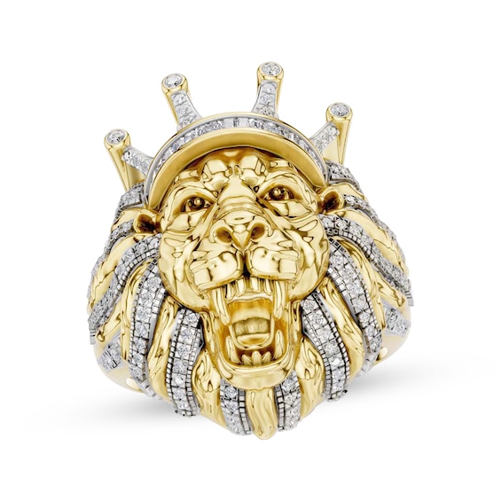 Men's Diamond Lion's Head With Crown Ring 1/2 ct tw 10K Yellow Gold
