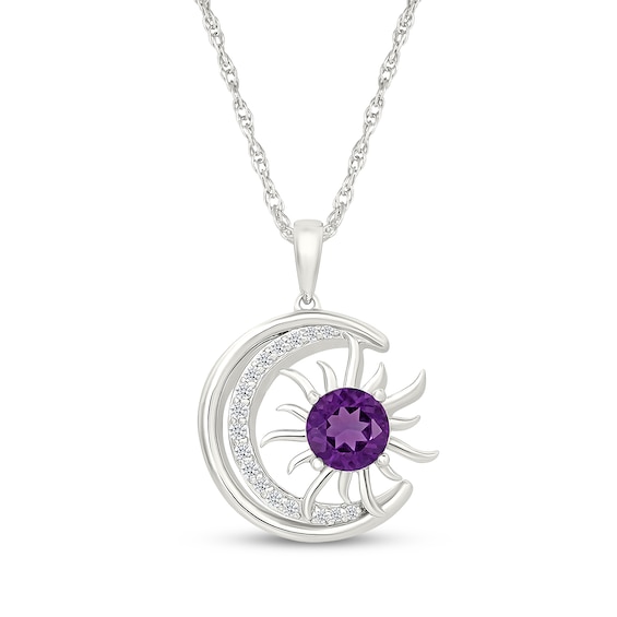 Amethyst & White Lab-Created Sapphire Crescent Moon & Sun Necklace Sterling Silver 18"