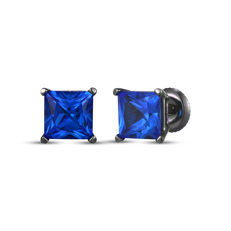 Main Image 1 of Men's Square-Cut Blue Lab-Created Sapphire Solitaire Stud Earrings Sterling Silver