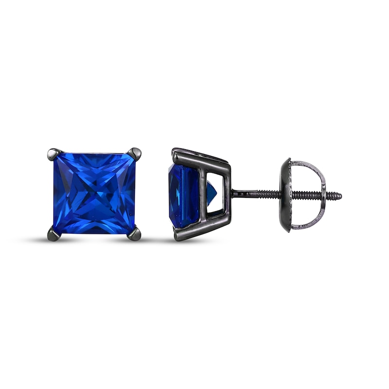 Main Image 3 of Men's Square-Cut Blue Lab-Created Sapphire Solitaire Stud Earrings Sterling Silver