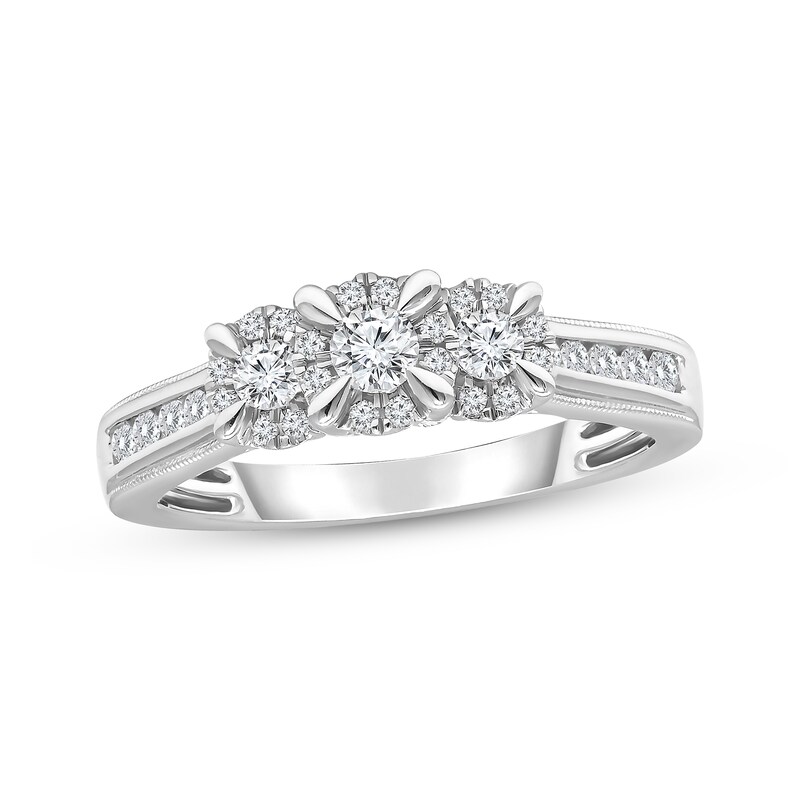Main Image 1 of Memories Moments Magic Round-Cut Diamond Three-Stone Engagement Ring 1/2 ct tw 10K White Gold
