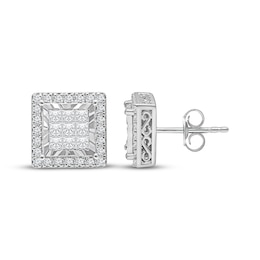 Princess-Cut Multi-Diamond Square Frame Stud Earrings 1 ct tw 10K White Gold
