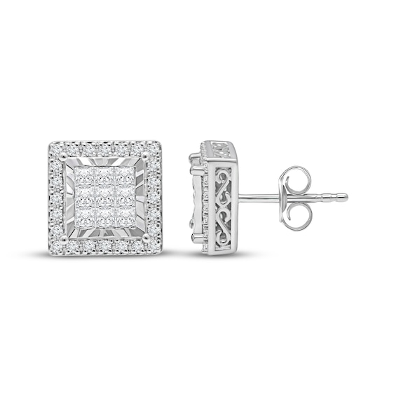 Princess-Cut Multi-Diamond Square Frame Stud Earrings 1 ct tw 10K White Gold