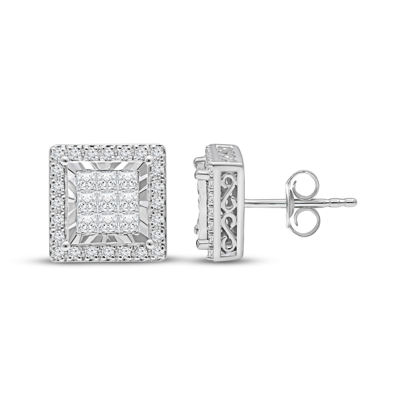 Main Image 1 of Princess-Cut Multi-Diamond Square Frame Stud Earrings 1 ct tw 10K White Gold