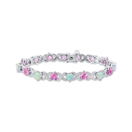 Heart-Shaped Lab-Created Opal, Pink Lab-Created Sapphire & Diamond Accent Bracelet Sterling Silver 7.5"
