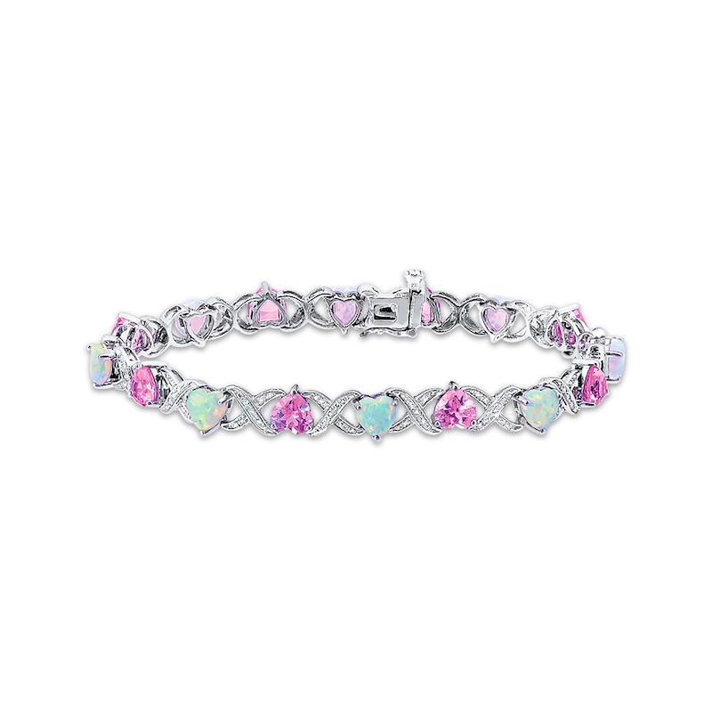 Main Image 1 of Heart-Shaped Lab-Created Opal, Pink Lab-Created Sapphire & Diamond Accent Bracelet Sterling Silver 7.5"