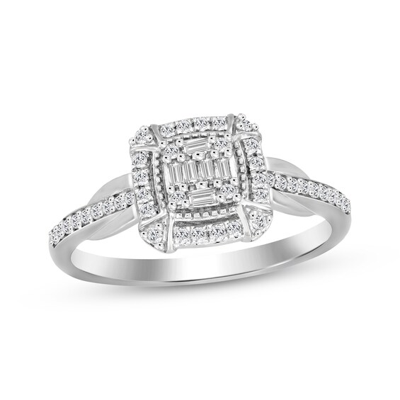 Baguette & Round-Cut Multi-Diamond Cushion-Shaped Fashion Ring 1/4 ct tw 10K White Gold