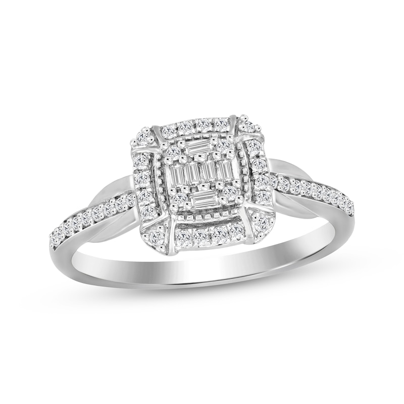 Main Image 1 of Baguette & Round-Cut Multi-Diamond Cushion-Shaped Fashion Ring 1/4 ct tw 10K White Gold