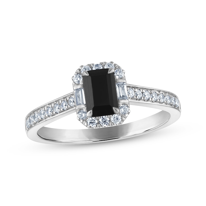 Main Image 1 of Adore Emerald-Cut Black Diamond & White Diamond Halo Engagement Ring 3/4 ct tw 14K White Gold