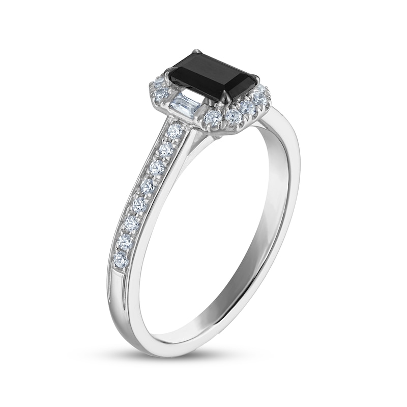 Main Image 2 of Adore Emerald-Cut Black Diamond & White Diamond Halo Engagement Ring 3/4 ct tw 14K White Gold