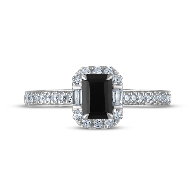 Main Image 3 of Adore Emerald-Cut Black Diamond & White Diamond Halo Engagement Ring 3/4 ct tw 14K White Gold