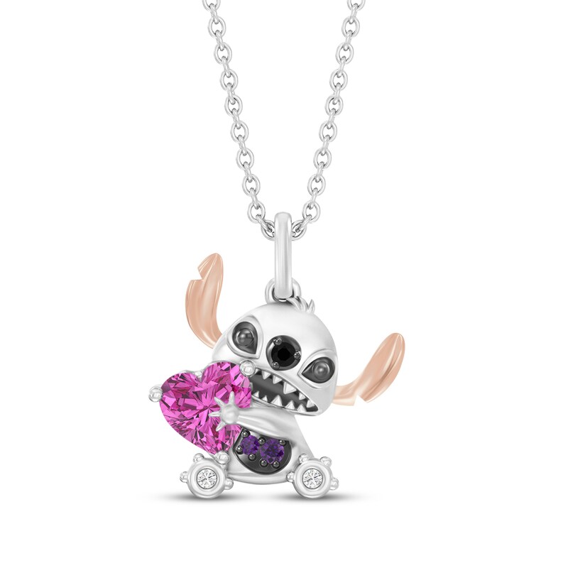 Main Image 1 of Disney Treasures Lilo & Stitch Pink Lab-Created Sapphire, Amethyst, Black Onyx & Diamond Accent Necklace Sterling Silver & 10K Rose Gold 19"