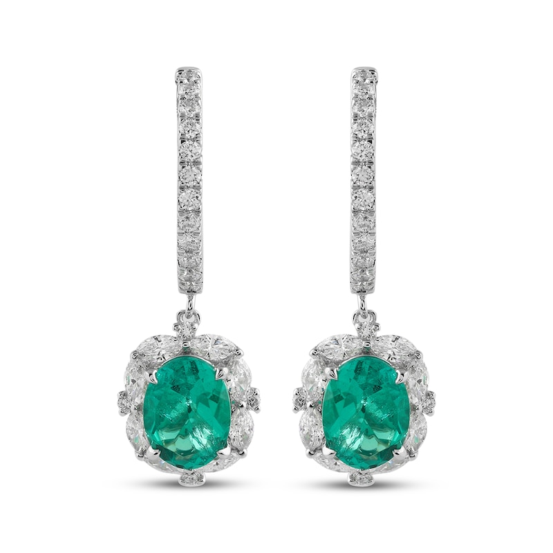 Main Image 2 of KAY Lab-Grown Diamonds Oval-Cut Lab-Created Emerald Hoop Dangle Earrings 1-1/6 ct tw 10K White Gold