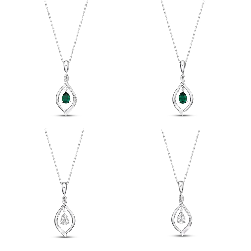 Main Image 1 of Pear-Shaped Lab-Created Emerald & White Lab-Created Sapphire Reversible Necklace Sterling Silver 18"