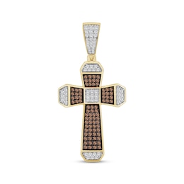 Men's Brown & White Diamond Cross Charm 1/2 ct tw 10K Yellow Gold