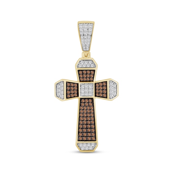 Men's Brown & White Diamond Cross Charm 1/2 ct tw 10K Yellow Gold