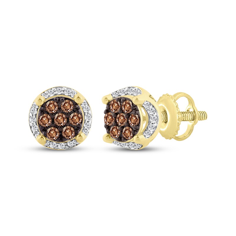 Main Image 1 of Men's Brown & White Multi-Diamond Circle Stud Earrings 1/2 ct tw 10K Yellow Gold