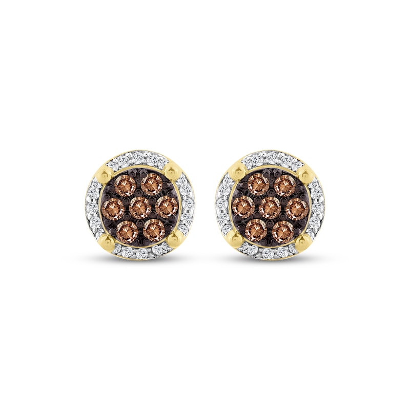 Main Image 2 of Men's Brown & White Multi-Diamond Circle Stud Earrings 1/2 ct tw 10K Yellow Gold