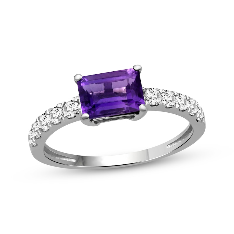 Main Image 1 of Emerald-Cut Amethyst & White Lab-Created Sapphire Ring Sterling Silver