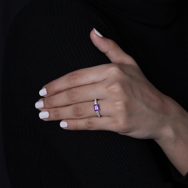 Main Image 3 of Emerald-Cut Amethyst & White Lab-Created Sapphire Ring Sterling Silver