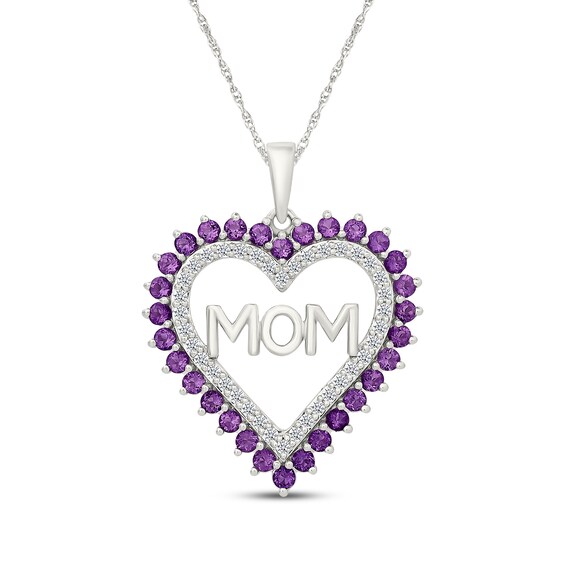Amethyst & White Lab-Created Sapphire "Mom" Heart Necklace Sterling Silver 18"