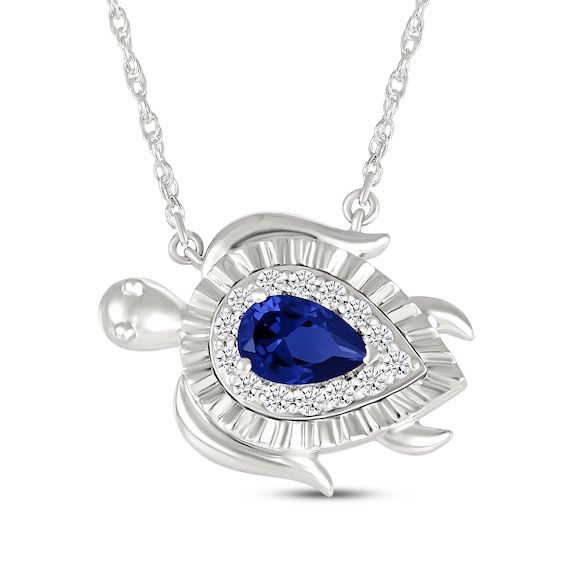 Pear-Shaped Blue & White Lab-Created Sapphire Sea Turtle Necklace Sterling Silver 18"