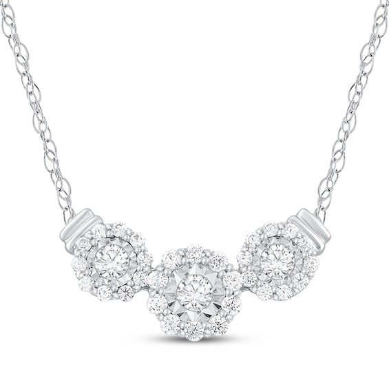 Three-Stone Diamond Halo Necklace 3/8 ct tw 14K White Gold 18"
