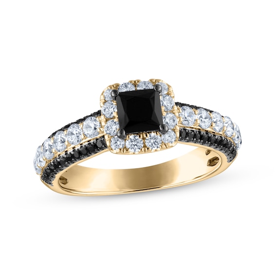 Adore Princess-Cut Black & White Diamond Halo Engagement Ring 1-3/4 ct tw 14K Yellow Gold