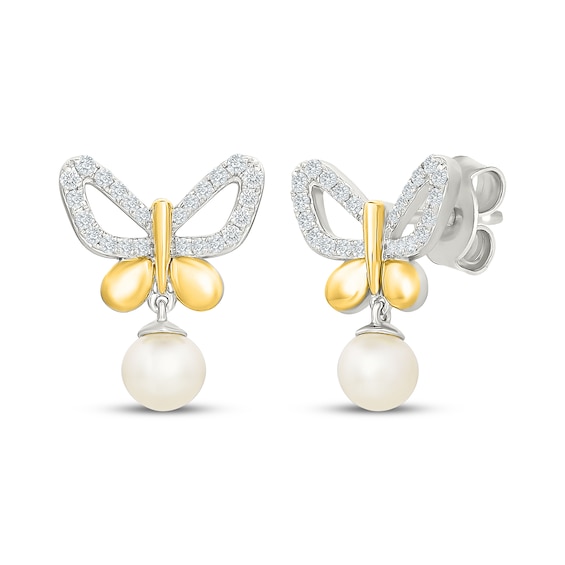 Cultured Pearl & White Lab-Created Sapphire Butterfly Bow Drop Earrings Sterling Silver & 10K Yellow Gold