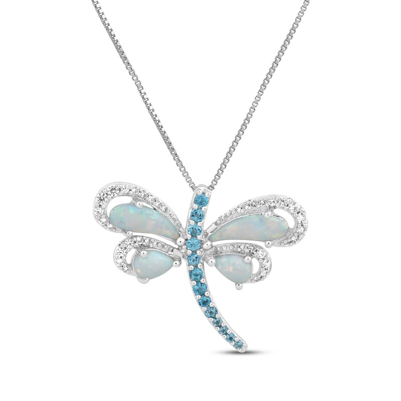 Lab-Created Opal, Swiss Blue Topaz & White Lab-Created Sapphire Dragonfly Necklace Sterling Silver 18"