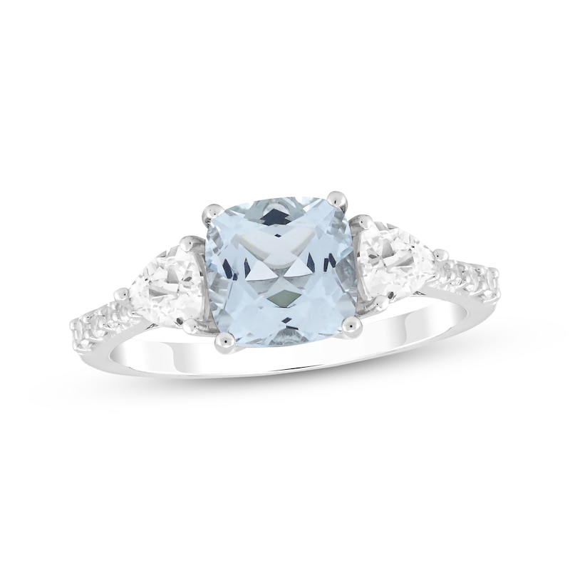 Main Image 1 of Cushion-Cut Aquamarine & White Lab-Created Sapphire Ring Sterling Silver