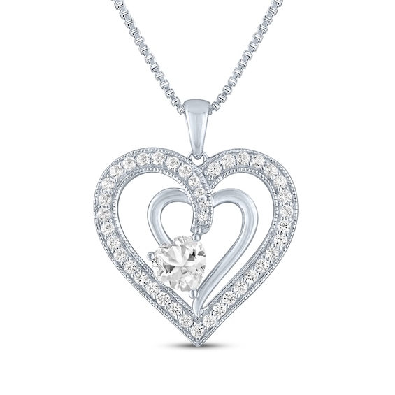 White Lab-Created Sapphire Double Heart Necklace Sterling Silver 18"